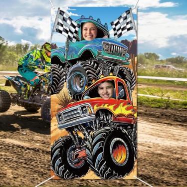 Imagem de WADORN Banner de porta de foto de caminhão, pano de fundo de imagem de caminhão monstro grande tecido de caminhão festa de aniversário rosto no buraco pano de fundo para suprimentos de festa de