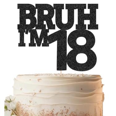 Imagem de EONNCNT Bruh I'm 18 Cake Topper - Decorações engraçadas de bolo de aniversário de 18 anos com glitter preto para meninos, Bro I'm 18/Cheers to 18 Years Decoração de bolo para festa de aniversário de