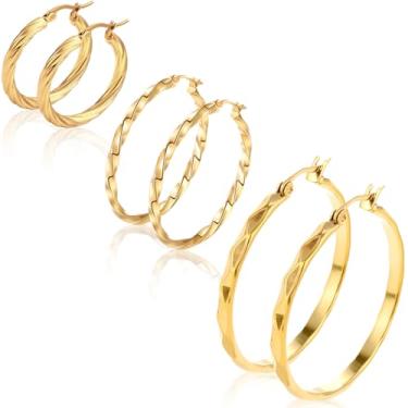 Imagem de 3 pares de brincos de argola de ouro para mulheres, banhado a ouro 14 k/18 K, tortila, leve, com argola e argola hipoalergênica, para várias joias de piercing, Aço inoxidável, Sem pedra preciosa