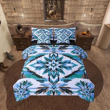 Imagem de Erosebridal Conjunto de edredom Queen azul do sudoeste, 7 peças, geométrico boêmio, estilo exótico, flor, diamante, cama em uma bolsa, tribal ocidental, nativo americano com lençol de cima