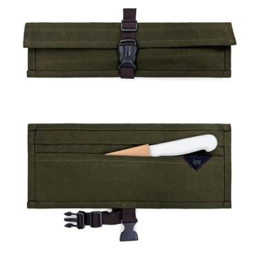Imagem de Under NY Sky Estojo Porta Faca - 1 Bolso, Case em Lona Parafinada Grossa, Reforço de Couro - Bolsa Rolo Porta Faca - Chef, Grill, Churrasco - Verde