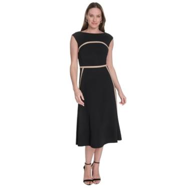 Imagem de Tommy Hilfiger Vestido midi feminino com manga cavada e gola larga, Preto/Areia, 40