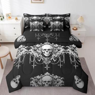 Imagem de Erosebridal Conjunto de edredom gótico de 7 peças, conjunto de cama casal, crânio de açúcar gótico, preto, branco, damasco, vintage, floral, boêmio, vintage, decoração barroca vitoriana exótica
