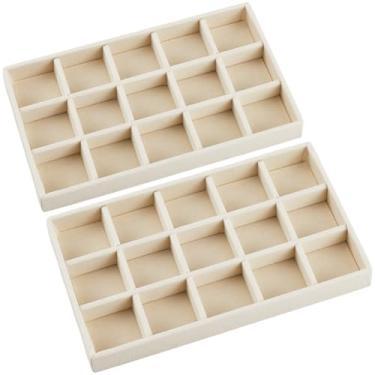 Imagem de SOFPLATE 2 peças, bandejas empilháveis de joias, 12 x 20 cm, organizador de brincos, branco antigo, 15 grades, gaveta de joias de veludo com divisória removível para pulseira, anel, relógio, exibição