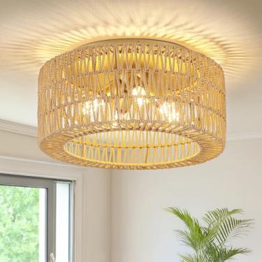 Imagem de ABEAJAT Luminárias De Vime Para Teto, 4 Luzes, Estilo Boho, Embutidas, Com Cúpula Tecida À Mão, Lustre Fazenda 18'' Corredor, Quarto, Cozinha, Hall Entrada (Dourado)