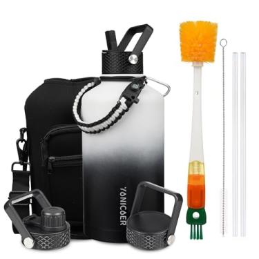 Imagem de YONICOER Garrafa de água isolada de 2,5 g, aço inoxidável a vácuo de parede tripla (pode ser lavada na lava-louças), à prova de vazamento e não BPA, jarro com alça de paracord e tampas de bico de