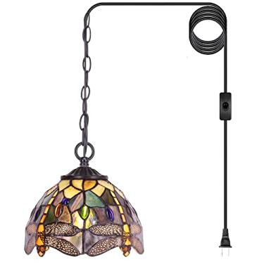 Imagem de SYETL Luminária Pendente Pequena Tiffany Com Encaixe Em Vidro Colorido, De 8" Altura Ajustável, Para Casa, Cozinha, Ilha, Sala Jantar (Estilo Libélula Marrom E Amarelo)
