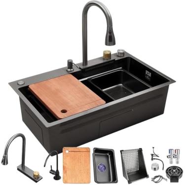 Imagem de Pia De Cascata De Aço Inoxidável Preto Grande Pia De Estação De Trabalho De Tigela Única Com Torneira Retrátil De 360°, Display Led, Tábua De Cortar, Sifão, Black#a01, 65x50cm