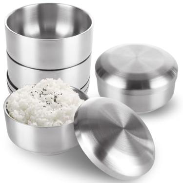 Imagem de LOLYSIC Pacote com 4 tigelas de arroz de aço inoxidável com tampa, tigelas de metal de parede dupla de 500 ml, tigelas de sopa isoladas multiuso tigelas de lanche