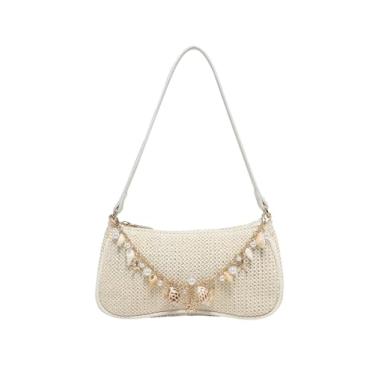 Imagem de Verdusa Bolsas femininas Boho Seashell Pearl Beaded Straw Bags Zipper Single Strap Underarm Purses, Bege, One Size, Macio
