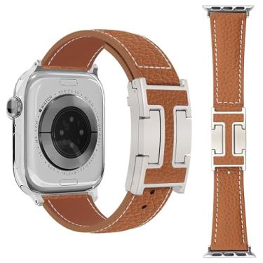 Imagem de Nixiamy Pulseiras de couro lichia compatíveis com Apple Watch Ultra/SE/Ultra 2/séries 10/9/8/7/6/5/4/3/2/1 de 49 mm, 46 mm, 45 mm, 44 mm, 42 mm, 41 mm, 38 mm, 49 mm, 46 mm, 46 mm, 46 mm, 45 mm, 45 mm