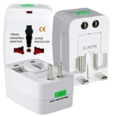Imagem de Adaptador de Tomada Universal Premium Para Viagem Padrão Internacional Europa UK Asia EUA JP AU EU Europeu 3 Pinos Mais de 150 Países Bivolt Trava de Segurança Portátil Ajustável