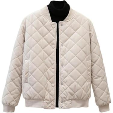 Imagem de Jaqueta Acolchoada De Veludo Feminino Manga Comprida Botão Para Baixo Jaquetas Bomber Acolchoadas Casacos De Inverno Com Bolsos, Beige, XXL