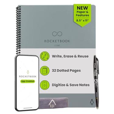 Imagem de Rocketbook Caderno espiral reutilizável New Core, tamanho carta 21 x 28, cinza - páginas pontilhadas, conectadas ao aplicativo, apagável, capa durável, ideal para escola, trabalho e projetos criativos