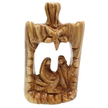 Imagem de Zuluf Presépio em madeira de oliveira 16,5 cm - Grande abstrata esculpida à mão Sagrada Família com Estrela de Belém Decoração de Natal HOF056