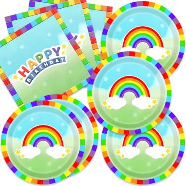 Imagem de 40 peças de pratos e guardanapos de aniversário de blocos de montar, decorações de festa, conjunto de suprimentos de festa ou chá de bebê colorido para 20 convidados
