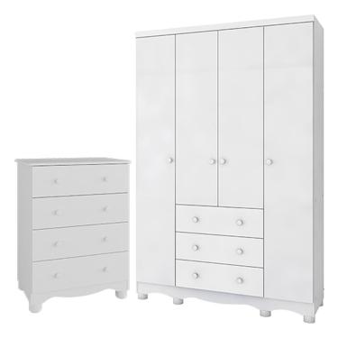 Imagem de Jogo De Quarto Infantil Júnior Guarda Roupa 4 Portas E Cômoda 4 Gavetas Branco Brilho - Móveis Peroba