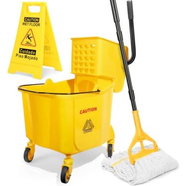 Imagem de Conjunto de balde de esfregão comercial de 38 litros com espremedor lateral sobre rodas e esfregões para limpeza de piso, incluindo 1 esfregão industrial e placa de cuidado para piso molhado, amarelo