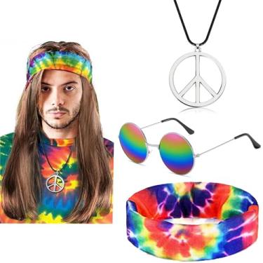 Imagem de JehaYu 4 peças acessórios hippie fantasia hippie, roupas dos anos 60 anos 70 óculos de sol peruca sinal de paz colar roupas roupas discoteca acessórios de cabelo roupas hippie para homens mulheres