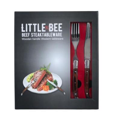 Imagem de Jogo De Talheres Litte Bee Inox 6 Peças Facas E Garfos Luxo Madeira - 