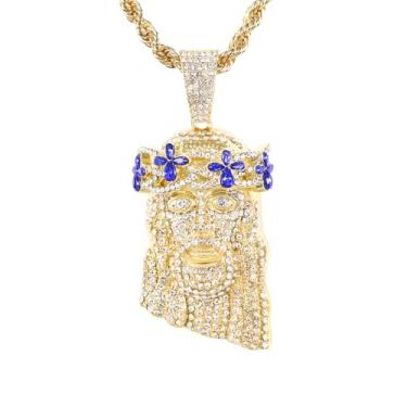 Imagem de ICE STAR Colar masculino com pingente de Jesus com coroa floral congelada com corrente de corda de 61 cm - Joias hip-hop com cristais simulados, 24-INCHES, Zinco, Zircônia cúbica