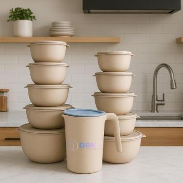 Imagem de 10 Potes Bowl Plástico Com Tampa Mais Jarra Para Suco Livre BPA - Casa