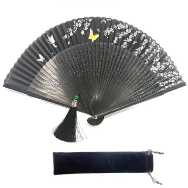 Imagem de Ventiladores dobráveis de bambu de seda chinesa - ventiladores decorativos portáteis para festas, dança, casamento, decoração, cosplay, presentes (pequeno, cerca de 21 cm, borboleta preta)