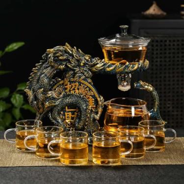 Imagem de Conjunto de bule de chá de vidro com infusor semiautomático, conjunto de chá de dragão com 6 xícaras pequenas (dragão dourado azul - b)