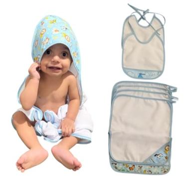 Imagem de Kit Bebê 7 pçs 1 Toalha banho 2 Babadores e 4 Toalhas de boca Poliéster Felpudo Atoalhado (Azul, Bebê)