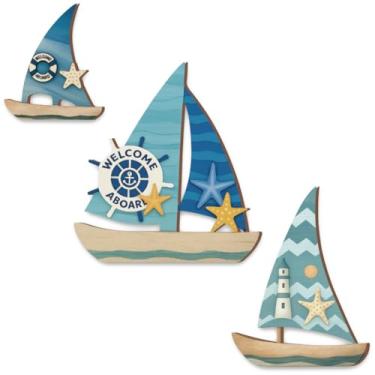 Imagem de GOMAKERER 3 peças de arte de parede de veleiro de madeira, decoração de parede de barco à vela avó costeira, detalhes centrais de casa de campo de praia para quarto, banheiro, casa de lago