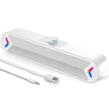 Imagem de LENRUE Alto-falantes de computador, barra de som alimentada por USB com fio com som estéreo de 10 W para PC desktop, plug-n-play (A39PRO /branco)