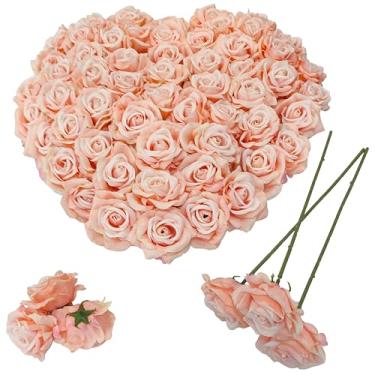 Imagem de ATFL Cabeças de flor rosa de cetim artificial, 48 peças de cabeças de rosa de seda com hastes, flores artificiais de 8 cm a granel, cabeças de flores de rosas artificiais para buquê de artesanato DIY