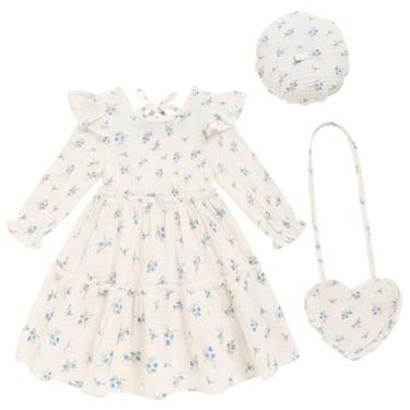 Imagem de Toddler Girl Dress Kids Long Sleeve Ruffle Dresses Fall Winter Outfit Hat Bag Floral Girls Casual Playwear Dress
