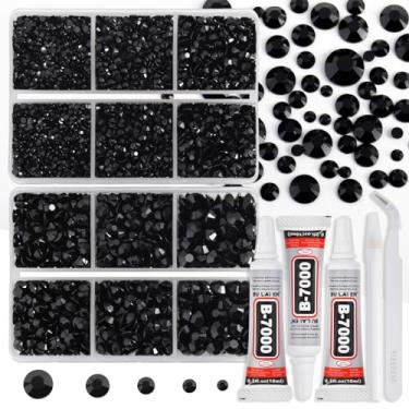 Imagem de ELEEGEM Kit de strass de resina para artesanato, 8400 peças de strass preto liso misturado 5 tamanhos 2 mm-6 mm com pinças de cola B7000 e lápis de cera para copos de tecido e roupas
