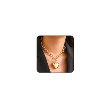 Imagem de VRNGI Colar de coração grosso, colar dourado com pingente de coração grande prata bufante para mulheres, colar grande com clipe de papel, gargantilha, berloque, joia grossa, Large, Liga de aço, Sem