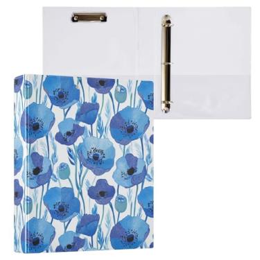 Imagem de Fichário de 3 anéis de flores de papoula azul com folhas azuis claras, fichário decorativo de 3,8 cm com prancheta e 3 bolsos transparentes, comporta 200 folhas de papel tamanho A4 fichários à prova