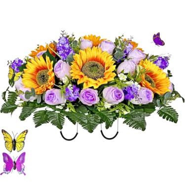 Imagem de MUVIC Sela de flores artificiais de cemitério - buquê de flores memorial - decorações de túmulo ao ar livre, flor de simpatia - jacinto de girassol rosa