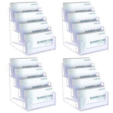 Imagem de Uniclife Pacote com 4 porta-cartões de visita de acrílico para mesa, 4 compartimentos, suporte de exibição transparente para homens e mulheres, organizador de cartões de visita para escritório e casa