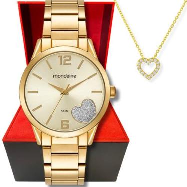 Imagem de Kit Relógio Feminino Mondaine Dourado Coração Glitter Colar