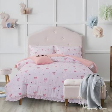 Imagem de A Nice Night Conjunto de edredom com laço de bolinhas, 6 peças, chique, estilo princesa com babados, decoração de quarto branco para meninas, solteiro