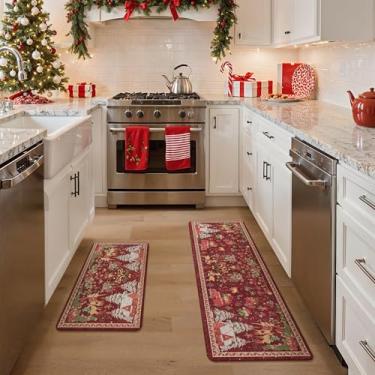 Imagem de GENIMO Decorações de Natal – Tapetes de cozinha para chão, 2 peças de tapetes de cozinha de Natal, tapete acolchoado antifadiga para decoração de casa, tapete antiderrapante impermeável para