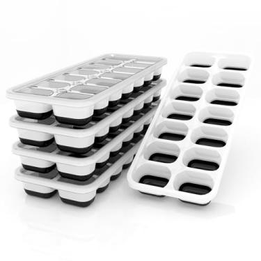 Imagem de Bandejas de gelo com tampa, pacote com 5 bandejas empilháveis para freezer com tampas removíveis, conjunto de moldes de gelo retangulares sem BPA, bandeja de gelo de plástico e silicone de fácil