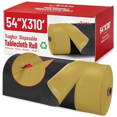 Imagem de Toalha de mesa de plástico, toalha de mesa descartável de 300 pés x 137 cm preta e dourada toalha de mesa de plástico PEVA premium descartável com qualquer corte cortadores deslizantes para