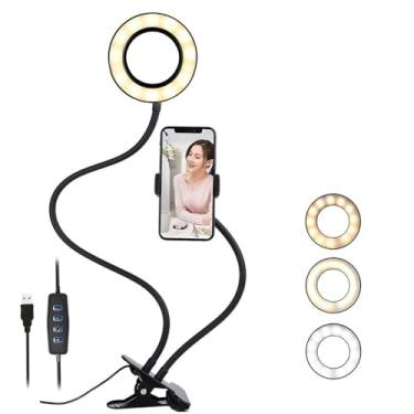 Imagem de Anel de luz de selfie com suporte de celular para transmissão ao vivo/maquiagem, 3 modos de cor de proteção para os olhos de crianças, luminária de mesa para livros, pescoço de ganso flexível de 360 ° para luzes de leitura, luz espelhada de LED Vanidade..., Moderno, Selfie Ring Light With Cell Phone
