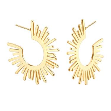 Imagem de Brincos de argola grande em ouro 18 quilates delicado com espiral de mola quadrada brincos de argola sunburst brincos minimalistas de orelha para mulheres, Metal, Sem pedra preciosa