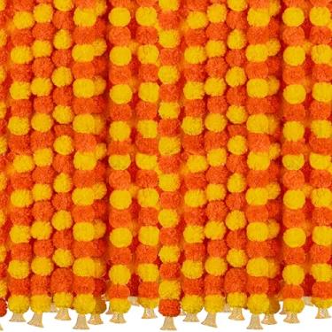 Imagem de OCTERIC 6 Peças De 1,5 M Comprimento, Guirlanda Flores Calêndula Com Sino, Decoração Casamento Indiana, Artificial Para Altar, Artificiais Diwali, Pooja, Festa Floral Arbustiva (Laranja E Amarelo)