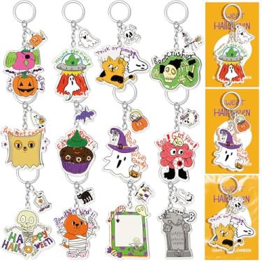 Imagem de SNLN 12 Set Acrylic Halloween Keychain for Halloween Party Favors, Horror Skull Bat Cat Ghost Pumpkin Skeleton Keychain with Delicate Card, Halloween Purse Charm for Boy Girl Kid Party Supplies Gift