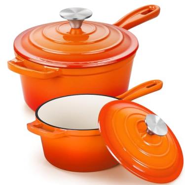 Imagem de E-far Conjunto de panela de molho com tampa, conjuntos de panelas de ferro fundido esmaltado de 1 litro e 2 litros para cozinhar na cozinha, panelas de forno holandesas pequenas e resistentes e tampas