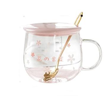 Imagem de Caneca de vidro fofa com tampa de colher copo de café leite rosa escritório cozinha copos delicados sobremesa flor de cerejeira canecas