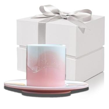 Imagem de JD Conjunto de 2 canecas de cerâmica, xícaras e pires, mini canecas de cerâmica de 60 ml para casa e escritório, canecas para café e chá, lava-louças e micro-ondas (rosa)